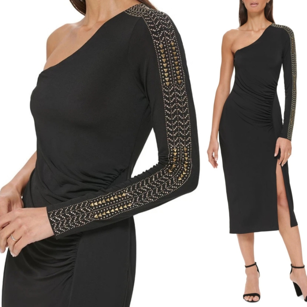 Guess Elegant Black One-Shoulder Dress With Gold Accents